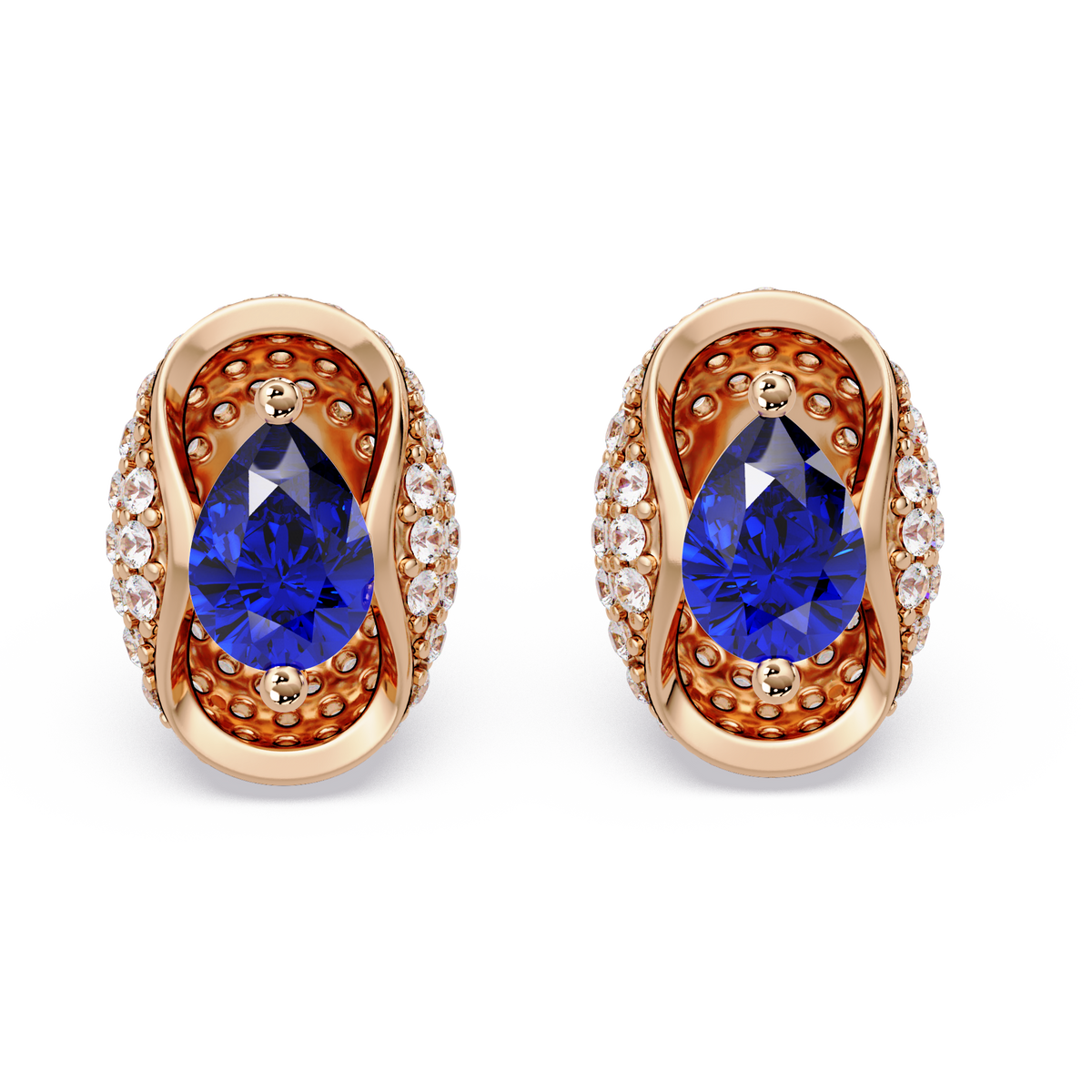 2.2 CTW Pear Halo Colorstone Stud Earrings in Rose gold with Sapphire Blue pear center stones