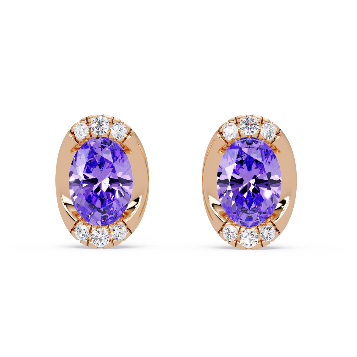 1.5 CTW Oval Colorstone Halo Stud Earrings in Rose gold, Amethyst Purple centers