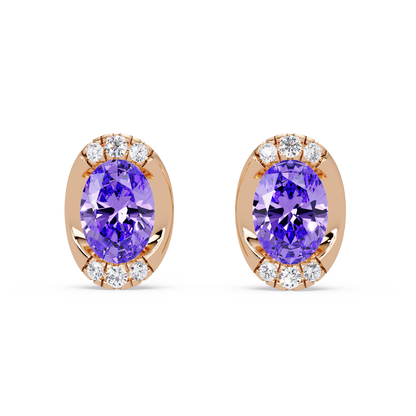 1.5 CTW Oval Colorstone Halo Stud Earrings in Rose gold, Amethyst Purple centers