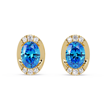 1.5 CTW Oval Colorstone Halo Stud Earrings in Gold, Aquamarine Blue centers