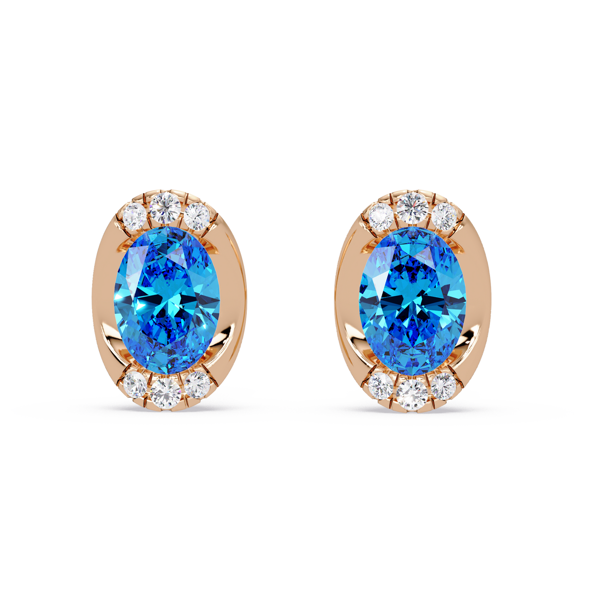 1.5 CTW Oval Colorstone Halo Stud Earrings in Rose gold, Aquamarine Blue centers