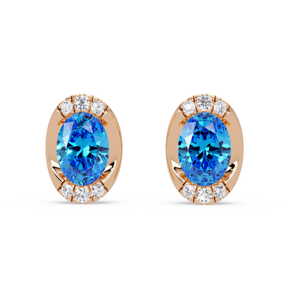 1.5 CTW Oval Colorstone Halo Stud Earrings in Rose gold, Aquamarine Blue centers