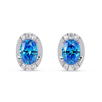 1.5 CTW Oval Colorstone Halo Stud Earrings in White gold, Aquamarine Blue centers