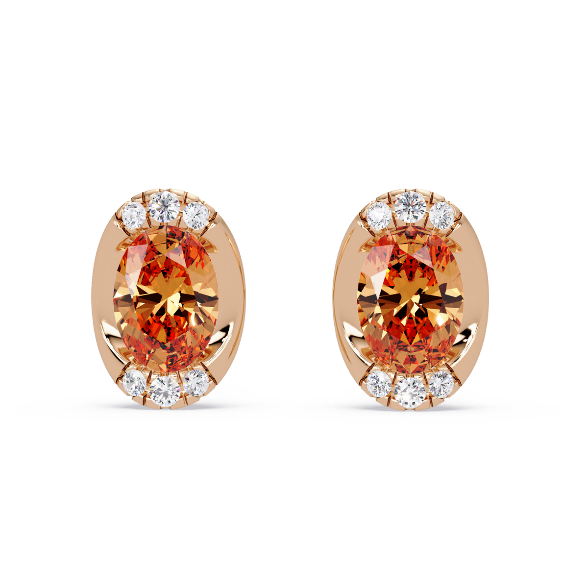1.5 CTW Oval Colorstone Halo Stud Earrings in Rose gold, Champagne Topaz centers