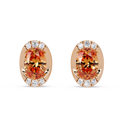 1.5 CTW Oval Colorstone Halo Stud Earrings in Rose gold, Champagne Topaz centers