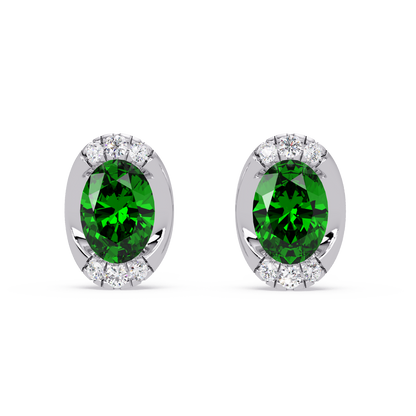 1.5 CTW Oval Colorstone Halo Stud Earrings in White gold, Emerald Green centers