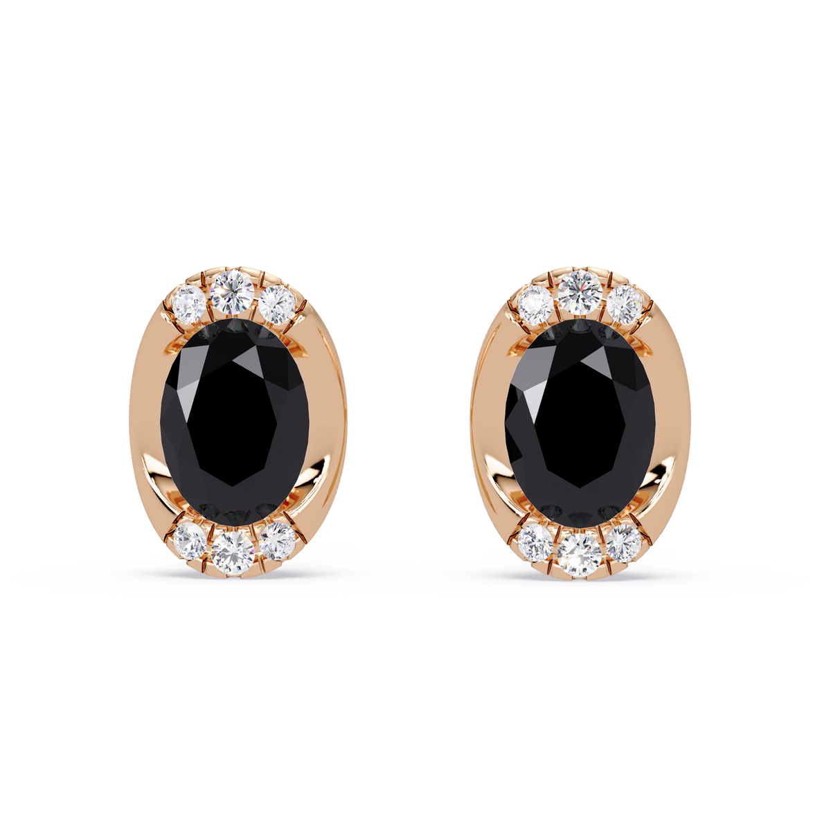 1.5 CTW Oval Colorstone Halo Stud Earrings in Rose gold, Onyx centers
