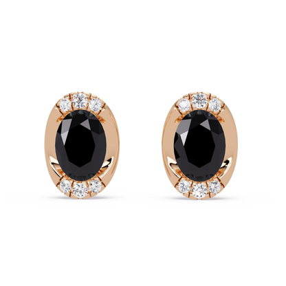 1.5 CTW Oval Colorstone Halo Stud Earrings in Rose gold, Onyx centers