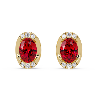 1.5 CTW Oval Colorstone Halo Stud Earrings in Gold, Ruby Red centers