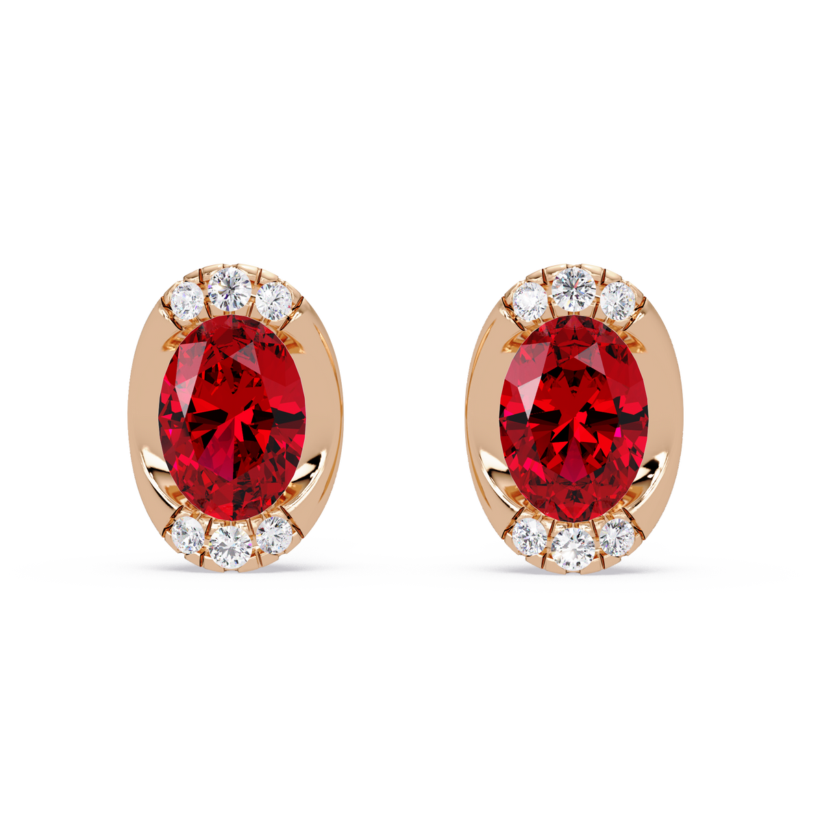 1.5 CTW Oval Colorstone Halo Stud Earrings in Rose gold, Ruby Red centers