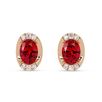 1.5 CTW Oval Colorstone Halo Stud Earrings in Rose gold, Ruby Red centers