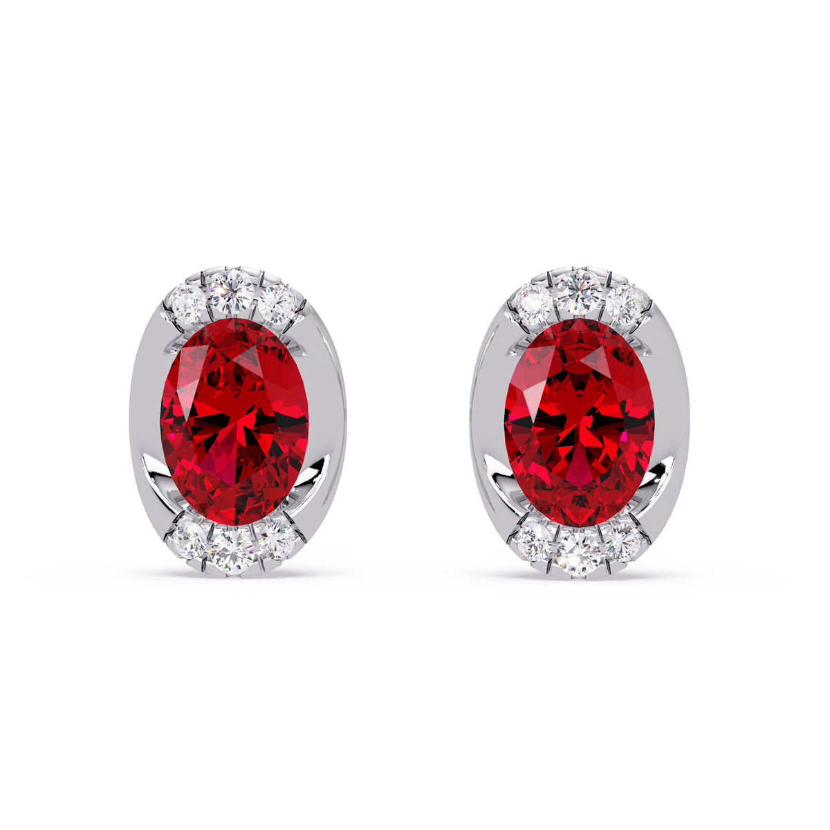 1.5 CTW Oval Colorstone Halo Stud Earrings in White gold, Ruby Red centers