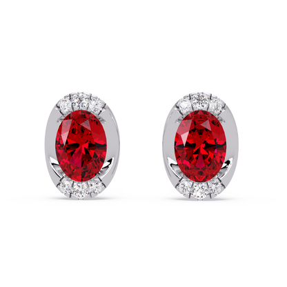 1.5 CTW Oval Colorstone Halo Stud Earrings in White gold, Ruby Red centers