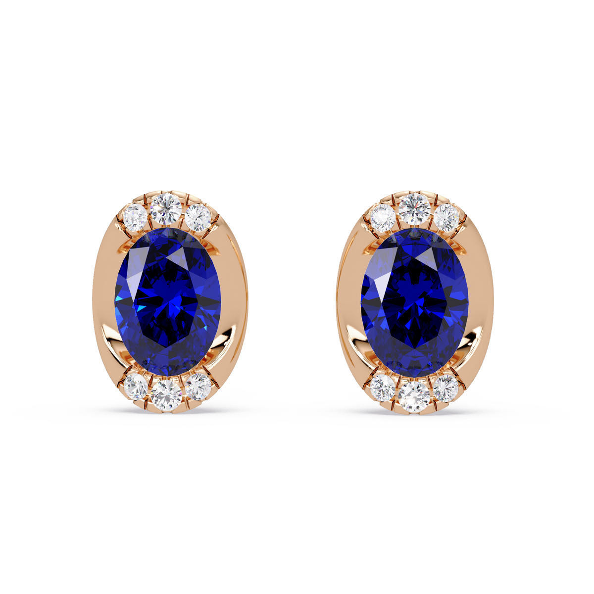 1.5 CTW Oval Colorstone Halo Stud Earrings in Rose gold, Sapphire Blue centers