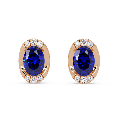 1.5 CTW Oval Colorstone Halo Stud Earrings in Rose gold, Sapphire Blue centers