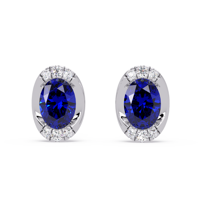 1.5 CTW Oval Colorstone Halo Stud Earrings in White gold, Sapphire Blue centers