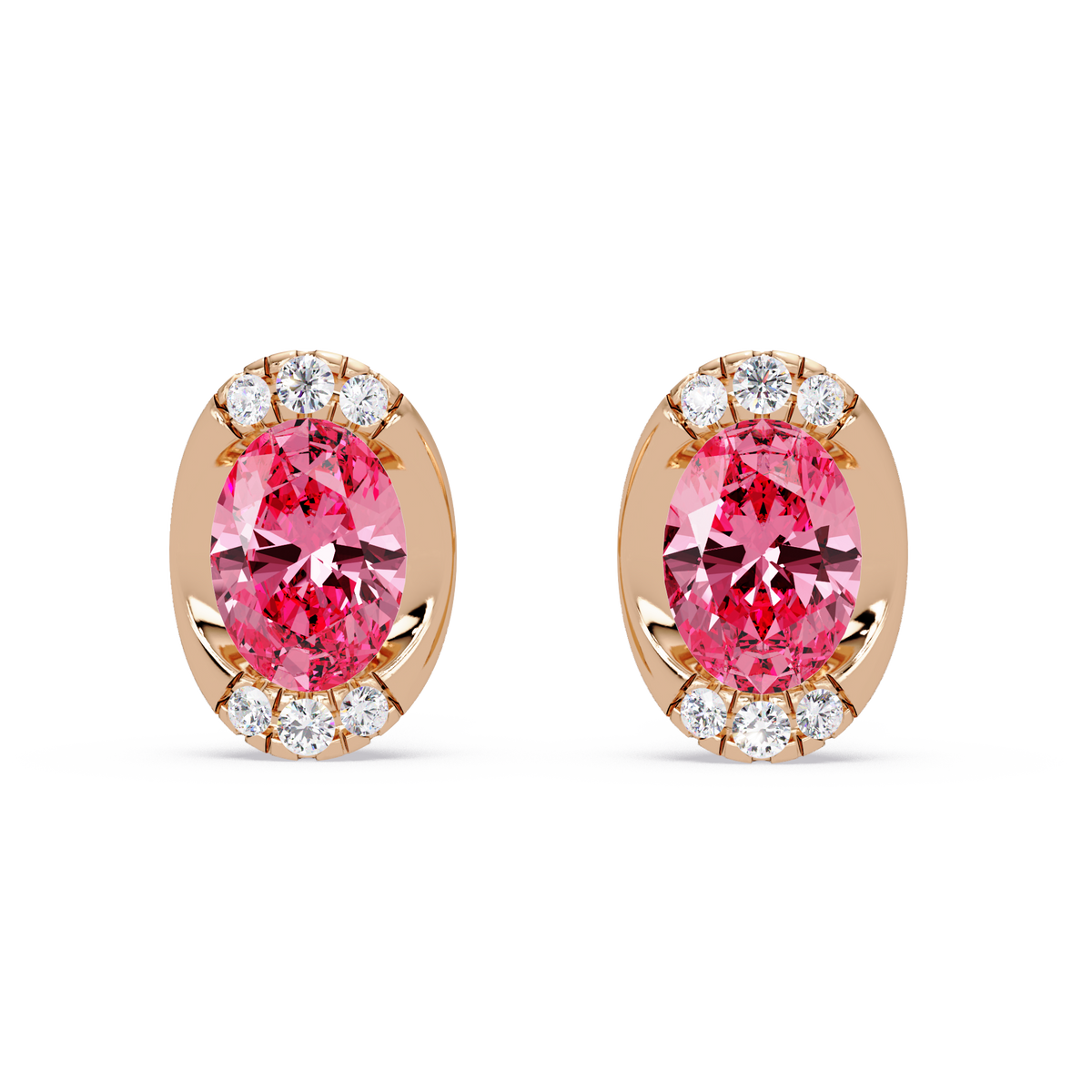1.5 CTW Oval Colorstone Halo Stud Earrings in Rose gold, Tourmaline Pink centers