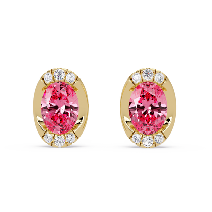 1.5 CTW Oval Colorstone Halo Stud Earrings in White gold, Tourmaline Pink centers