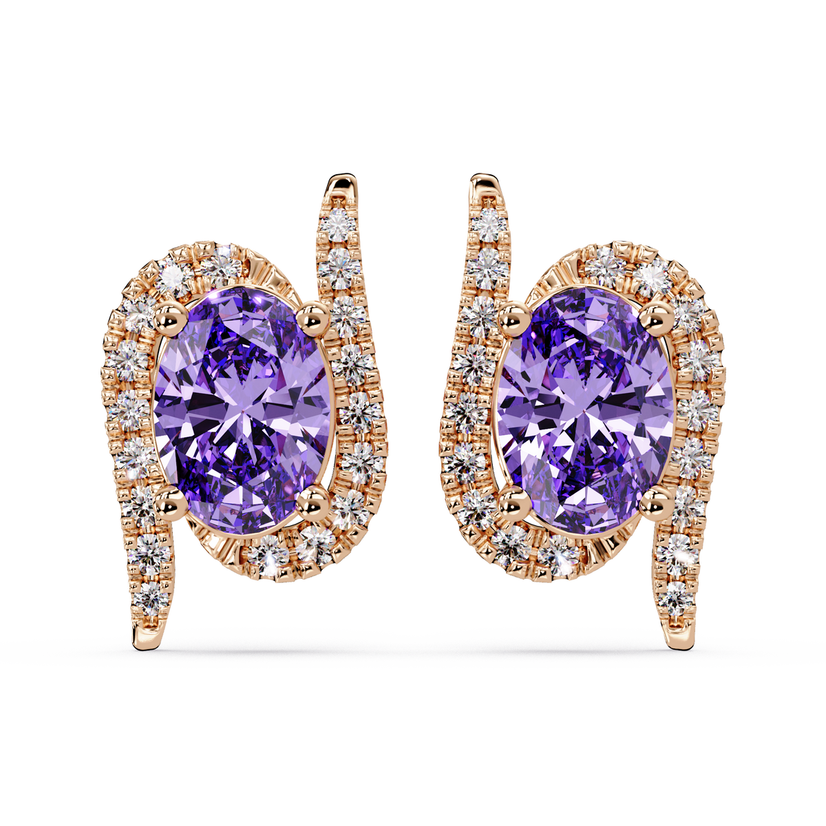 1.6 CTW Curved Oval Colorstone Halo Stud Earrings Amethyst Purple Rose gold