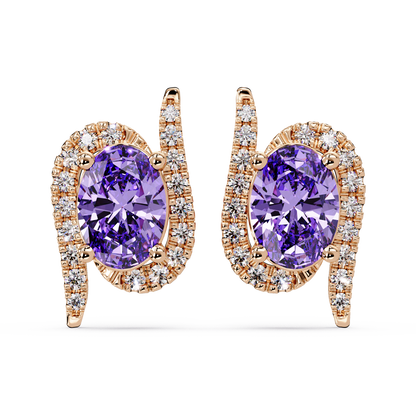 1.6 CTW Curved Oval Colorstone Halo Stud Earrings Amethyst Purple Rose gold
