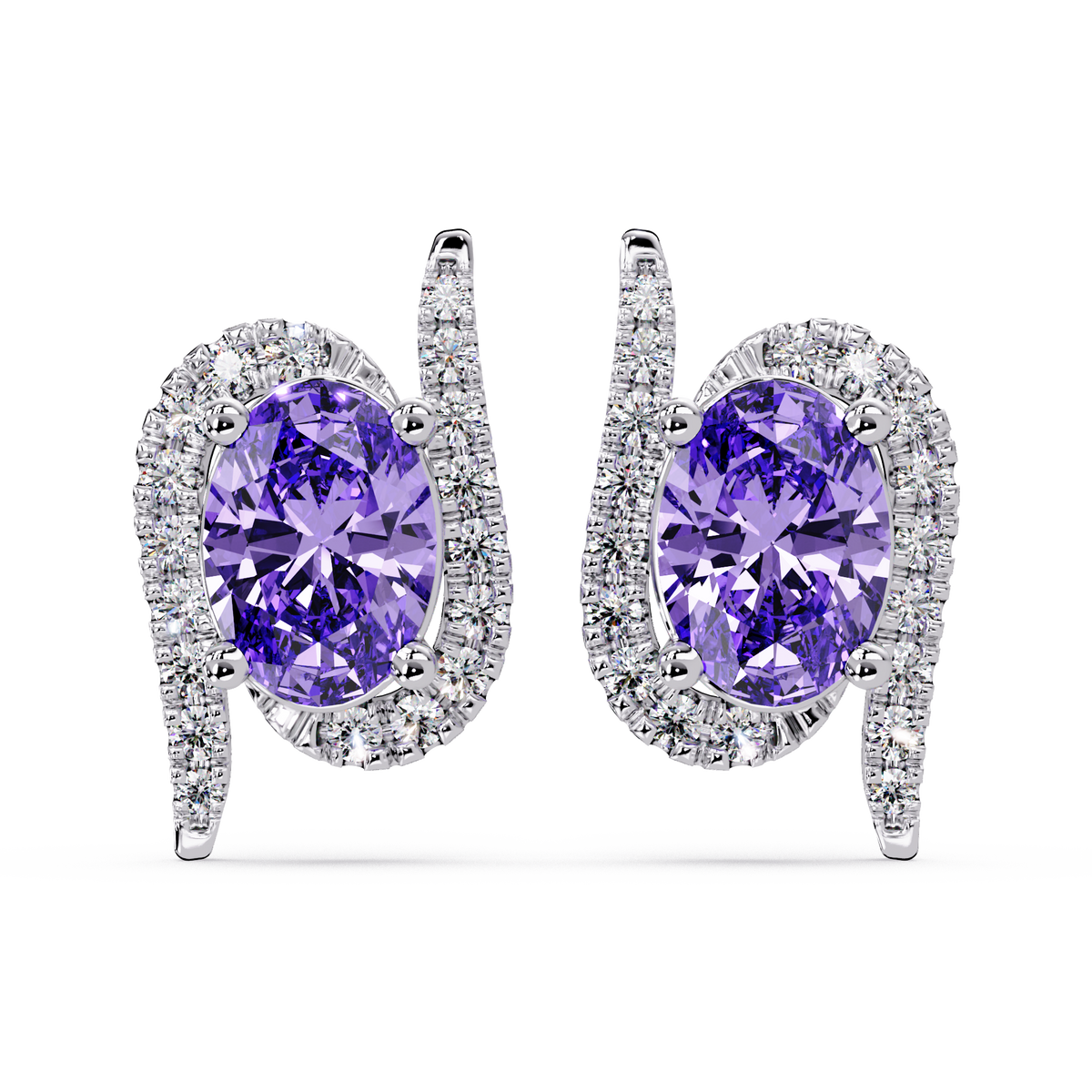 1.6 CTW Curved Oval Colorstone Halo Stud Earrings Amethyst Purple White gold