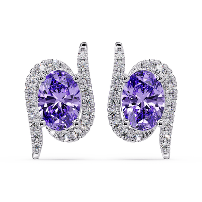 1.6 CTW Curved Oval Colorstone Halo Stud Earrings Amethyst Purple White gold