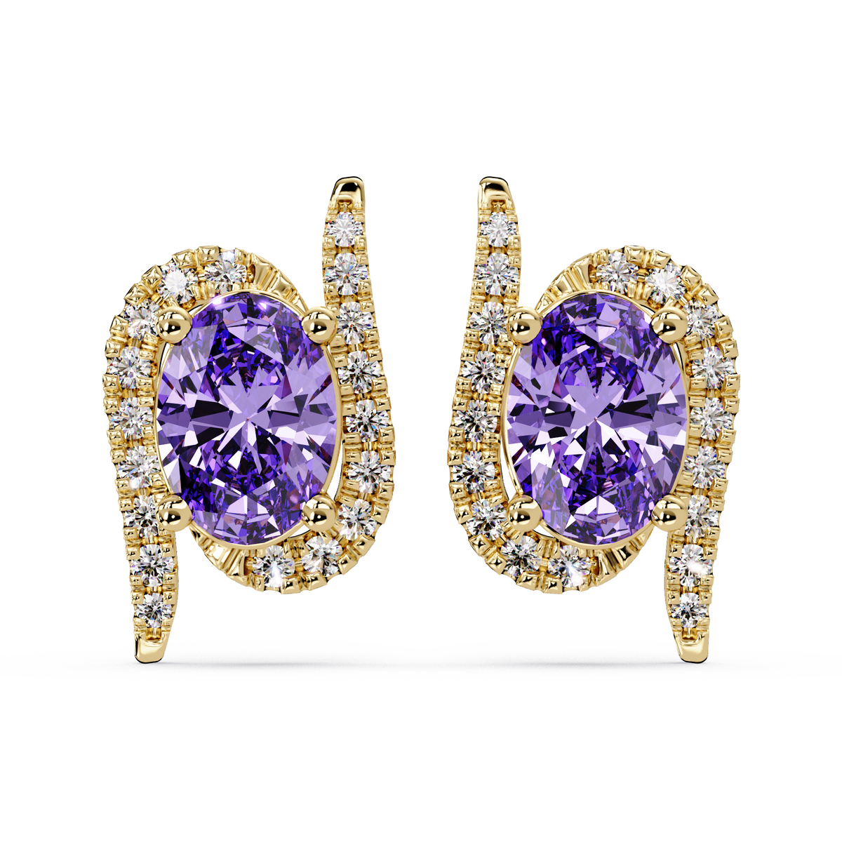 1.6 CTW Curved Oval Colorstone Halo Stud Earrings Amethyst Purple Gold