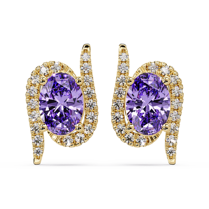 1.6 CTW Curved Oval Colorstone Halo Stud Earrings Amethyst Purple Gold
