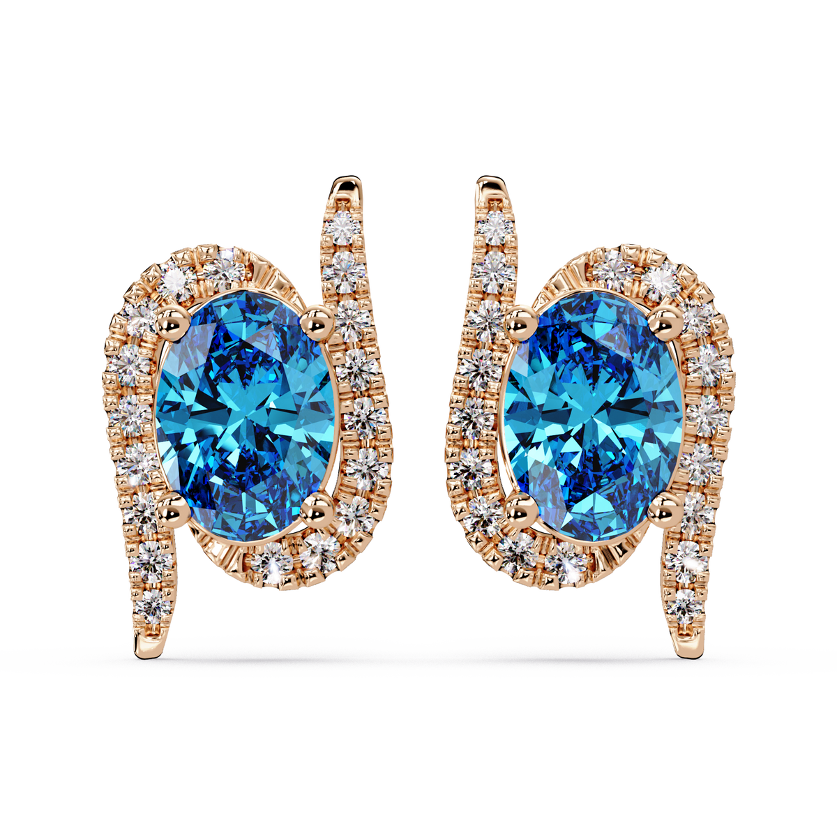 1.6 CTW Curved Oval Colorstone Halo Stud Earrings Aquamarine Blue Rose gold