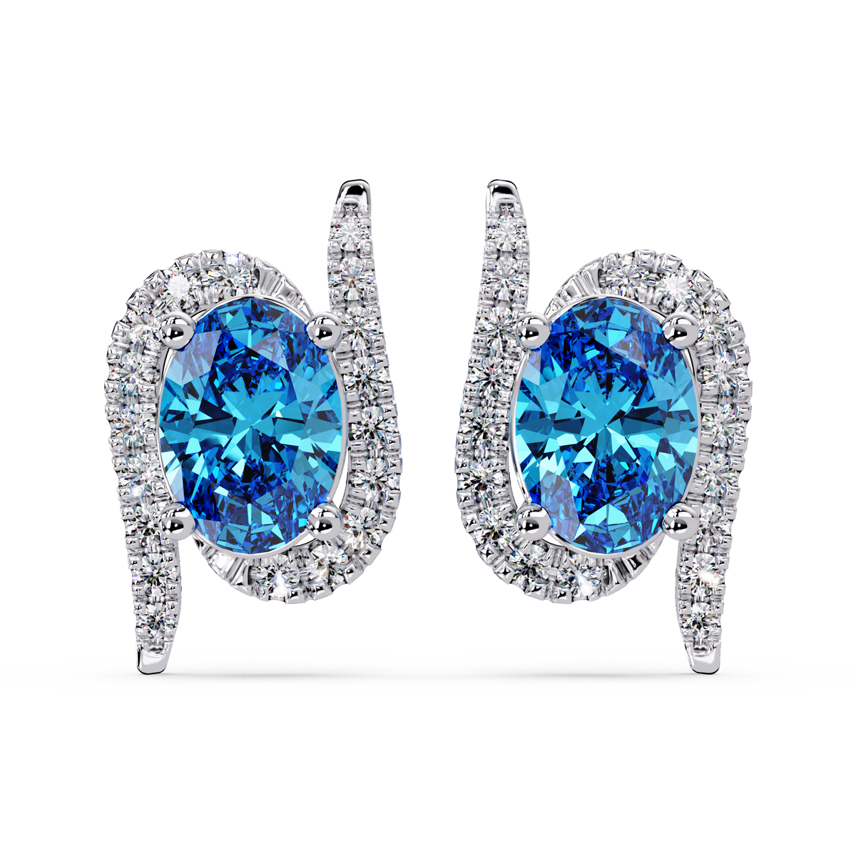 1.6 CTW Curved Oval Colorstone Halo Stud Earrings Aquamarine Blue White gold