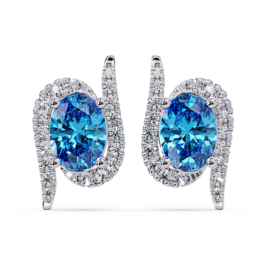 1.6 CTW Curved Oval Colorstone Halo Stud Earrings Aquamarine Blue White gold