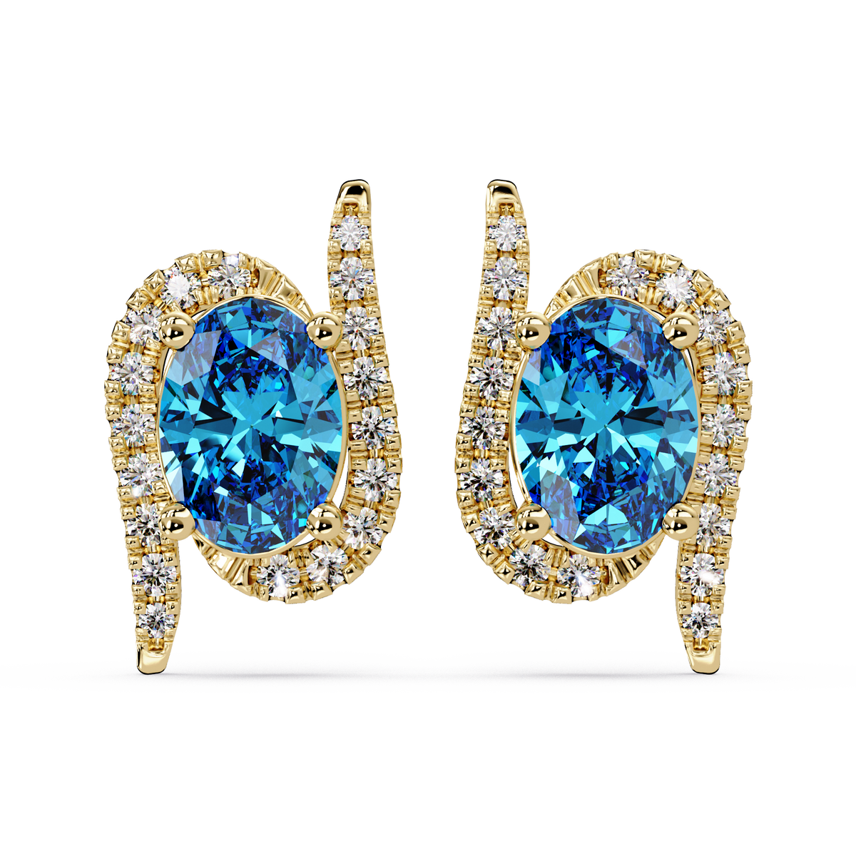 1.6 CTW Curved Oval Colorstone Halo Stud Earrings Aquamarine Blue Gold
