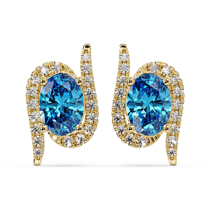 1.6 CTW Curved Oval Colorstone Halo Stud Earrings Aquamarine Blue Gold
