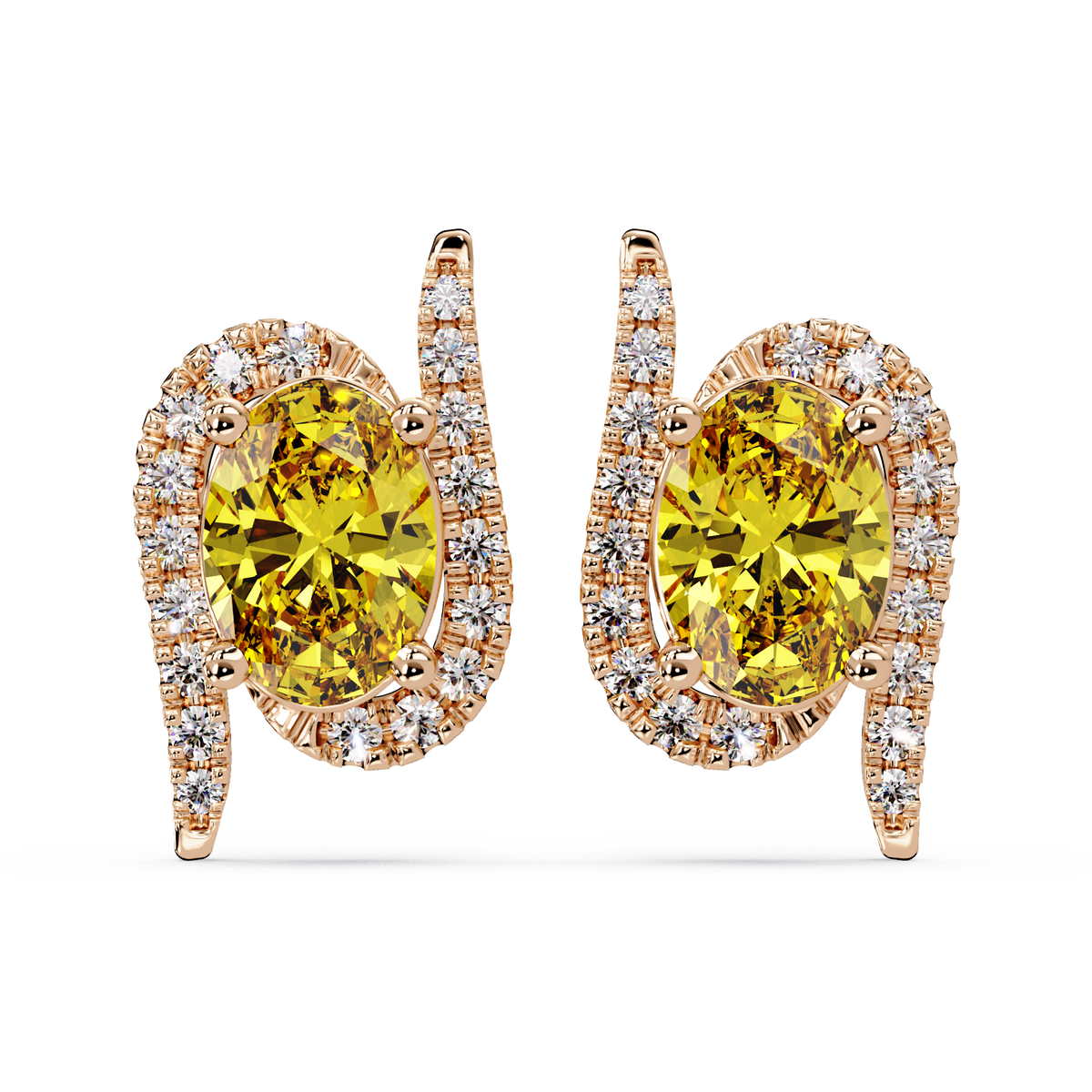 1.6 CTW Curved Oval Colorstone Halo Stud Earrings Citrine Yellow Rose gold