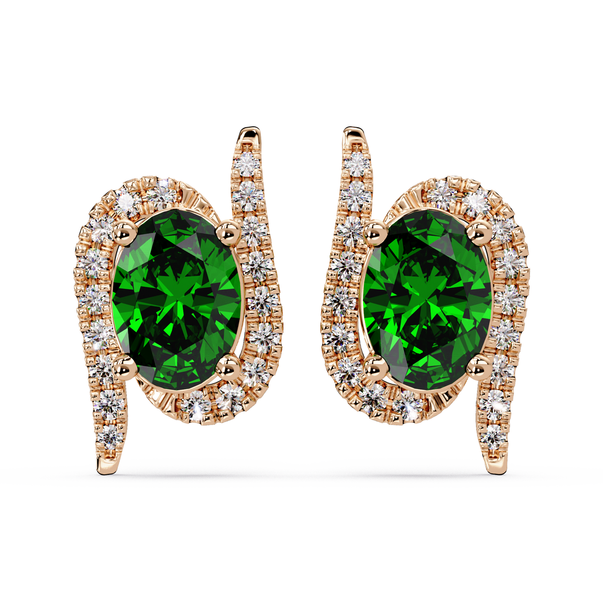 1.6 CTW Curved Oval Colorstone Halo Stud Earrings Emerald Green Rose gold