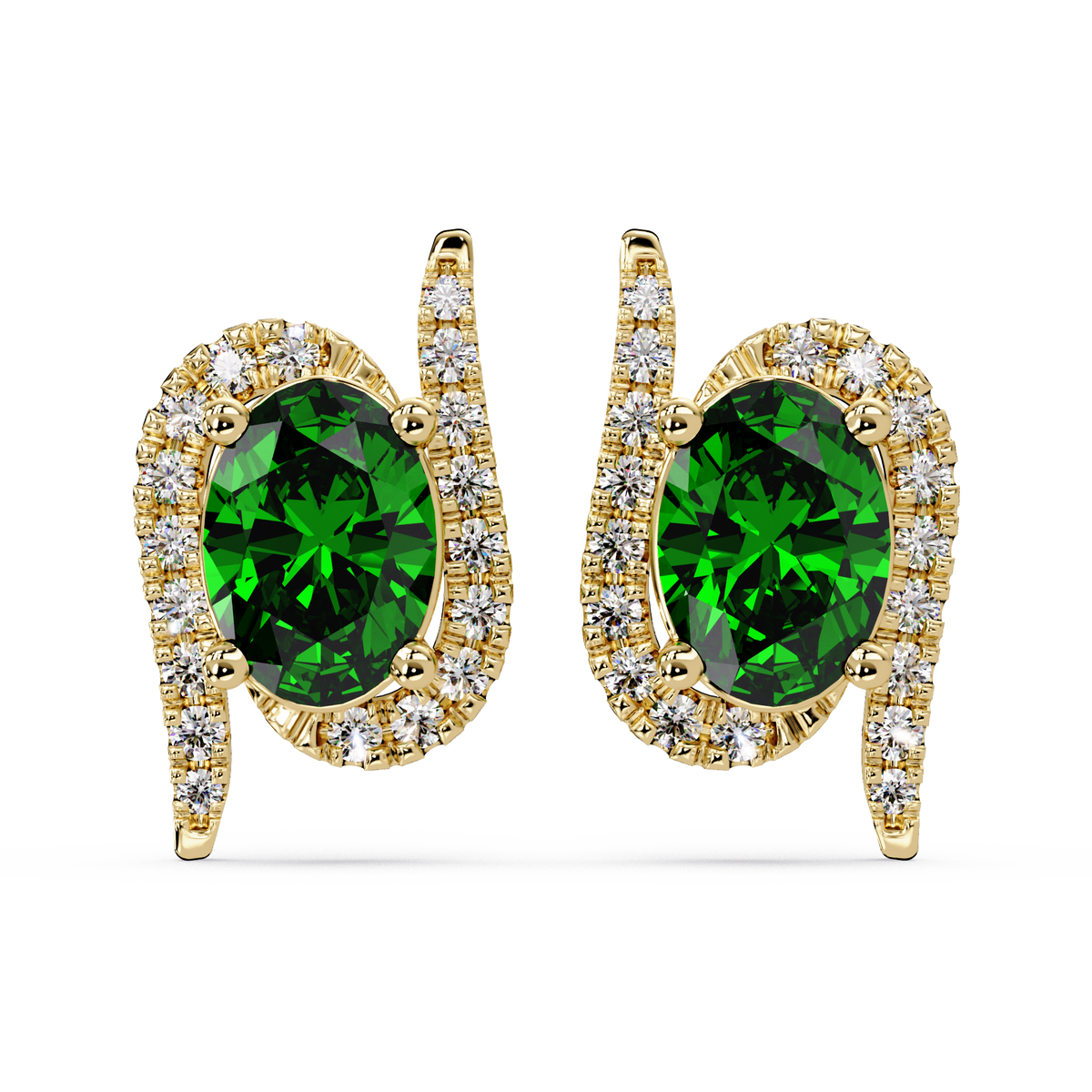 1.6 CTW Curved Oval Colorstone Halo Stud Earrings Emerald Green Gold