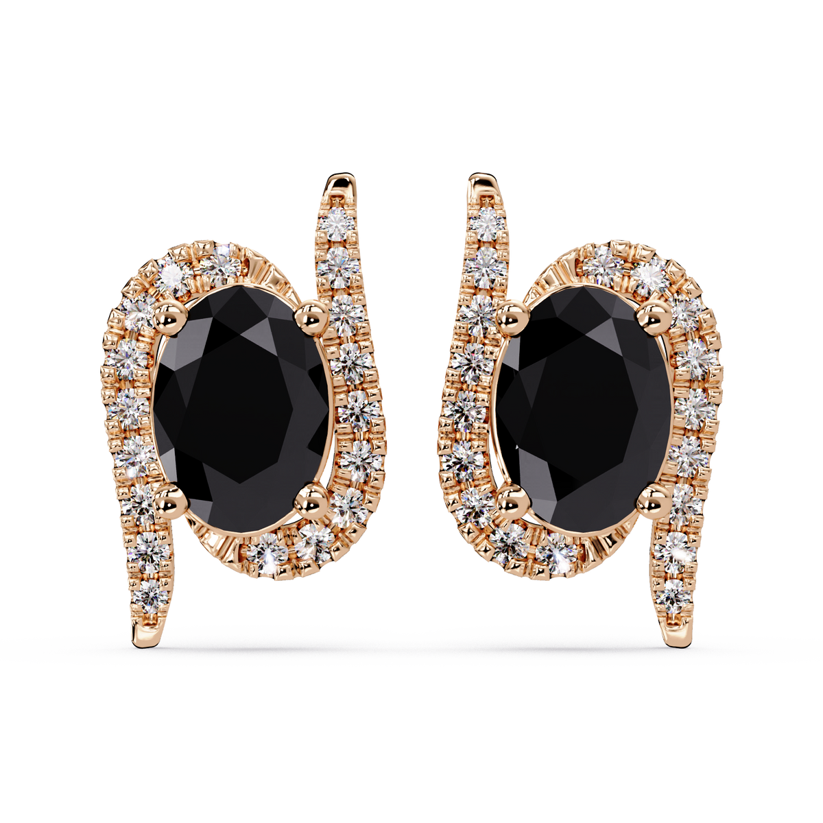 1.6 CTW Curved Oval Colorstone Halo Stud Earrings Onyx Rose gold