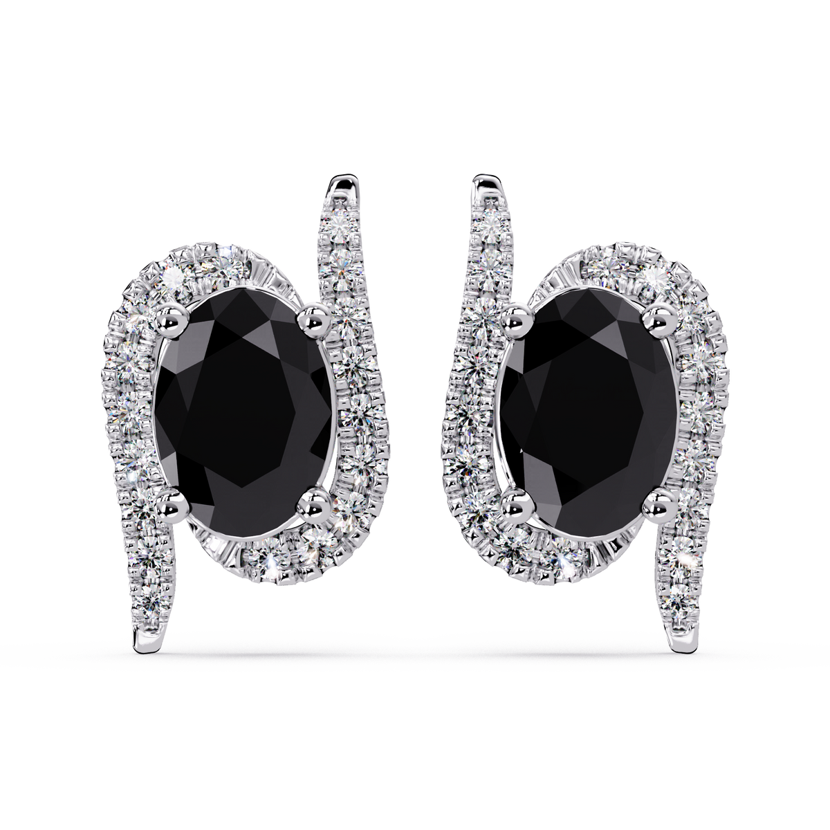 1.6 CTW Curved Oval Colorstone Halo Stud Earrings Onyx White gold