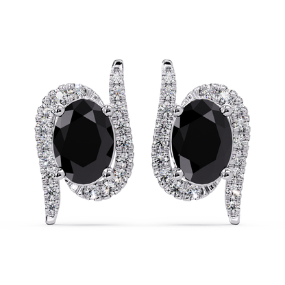 1.6 CTW Curved Oval Colorstone Halo Stud Earrings Onyx White gold