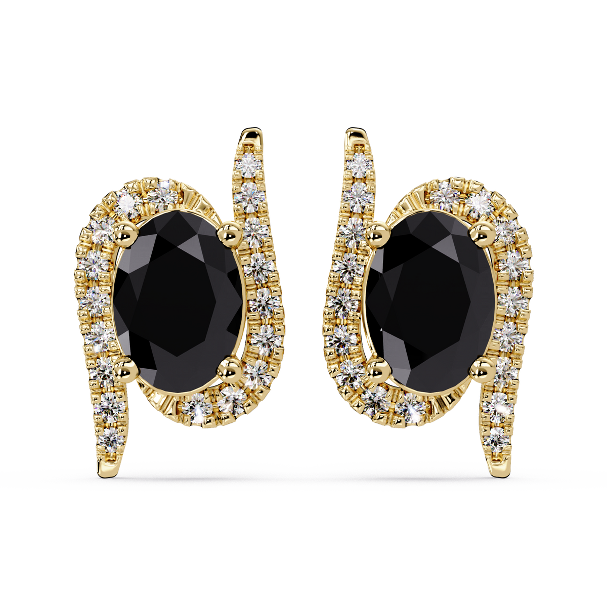 1.6 CTW Curved Oval Colorstone Halo Stud Earrings Onyx Gold
