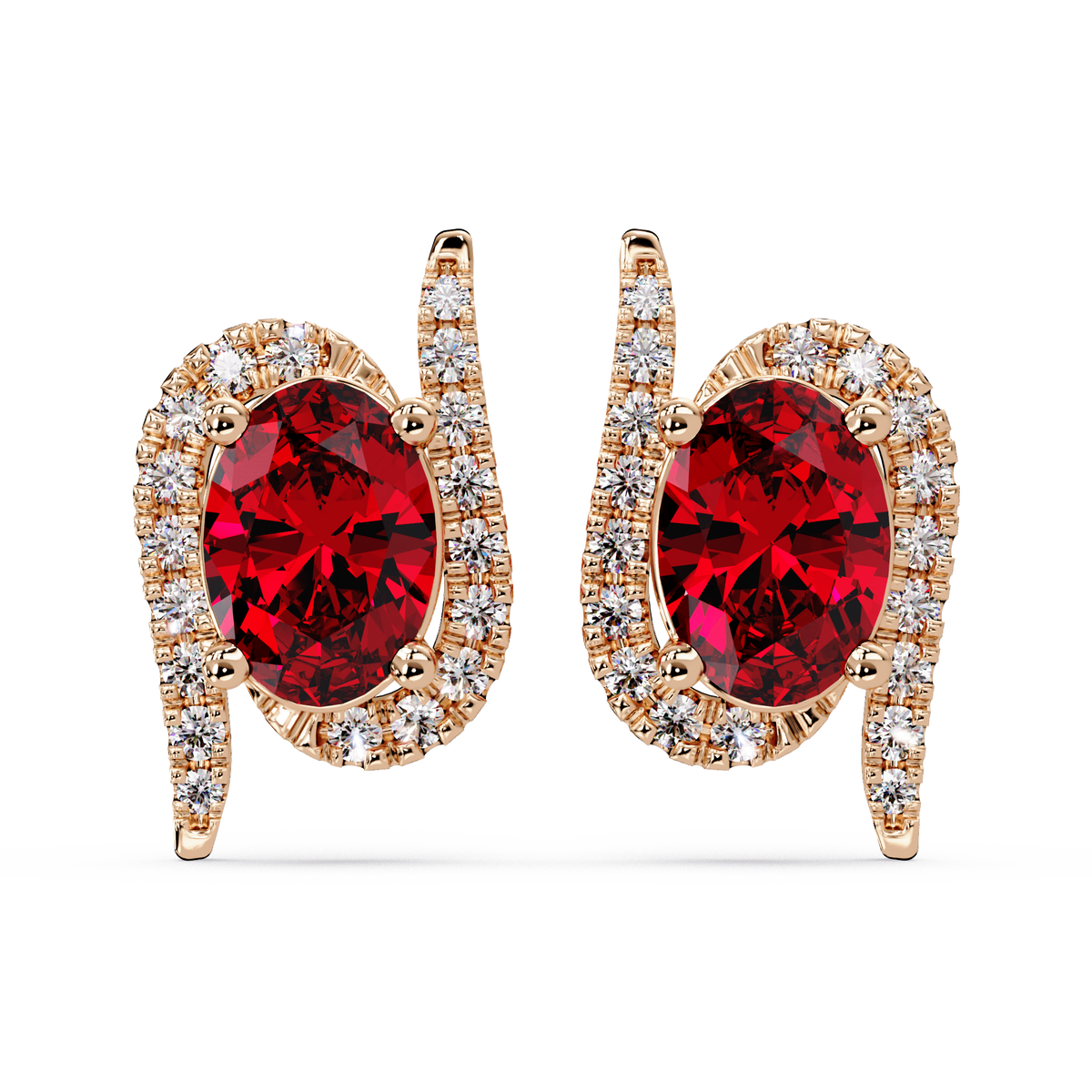 1.6 CTW Curved Oval Colorstone Halo Stud Earrings Ruby Red Rose gold