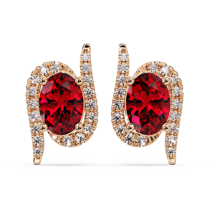 1.6 CTW Curved Oval Colorstone Halo Stud Earrings Ruby Red Rose gold