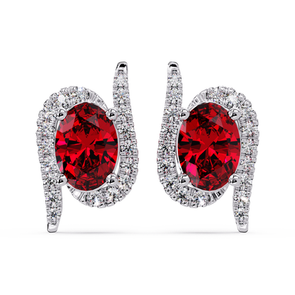 1.6 CTW Curved Oval Colorstone Halo Stud Earrings Ruby Red White gold