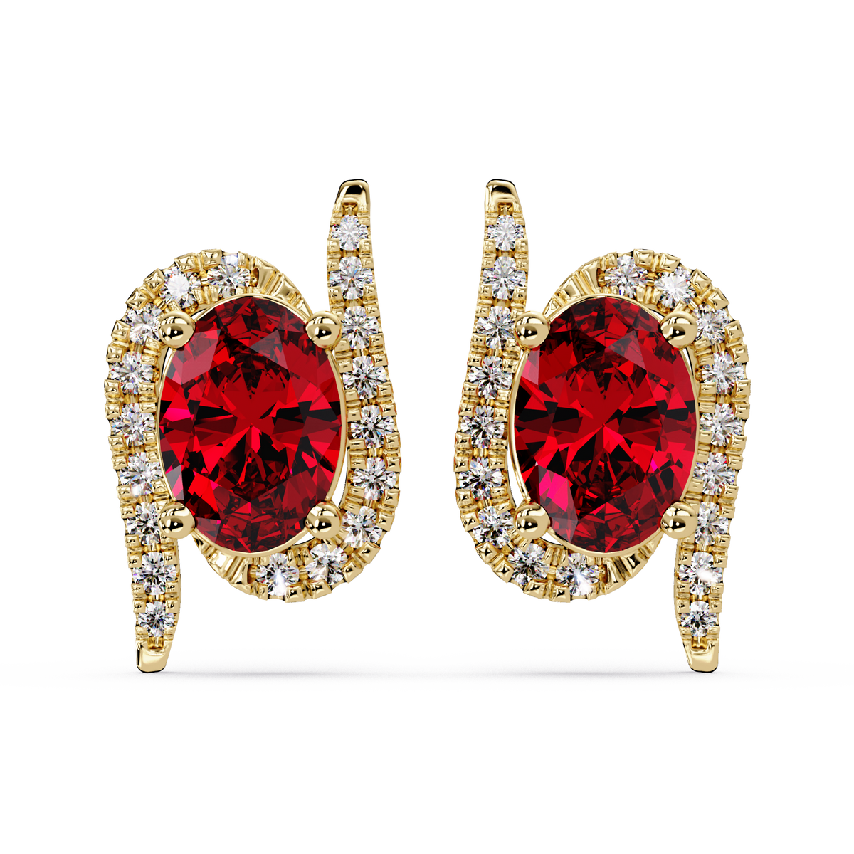 1.6 CTW Curved Oval Colorstone Halo Stud Earrings Ruby Red Gold