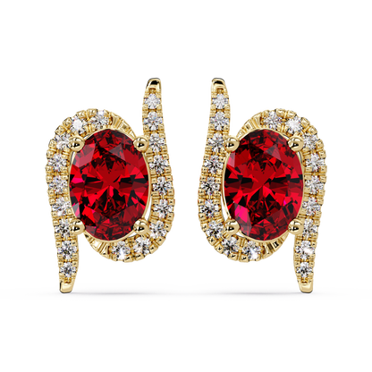 1.6 CTW Curved Oval Colorstone Halo Stud Earrings Ruby Red Gold