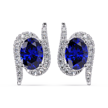 1.6 CTW Curved Oval Colorstone Halo Stud Earrings Sapphire Blue White gold