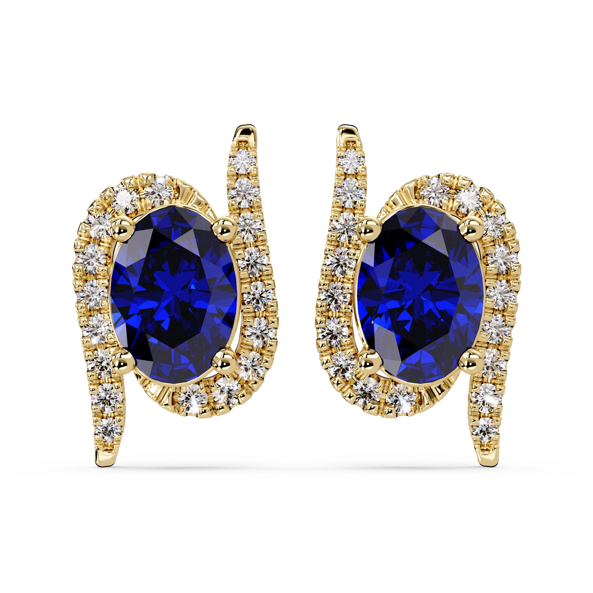 1.6 CTW Curved Oval Colorstone Halo Stud Earrings Sapphire Blue Gold