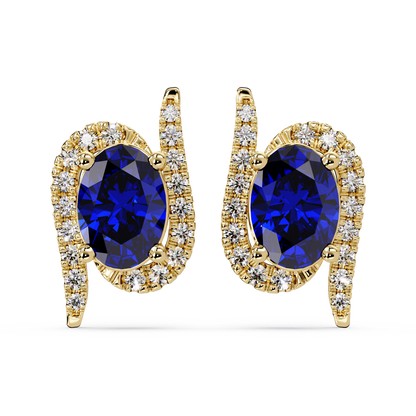 1.6 CTW Curved Oval Colorstone Halo Stud Earrings Sapphire Blue Gold
