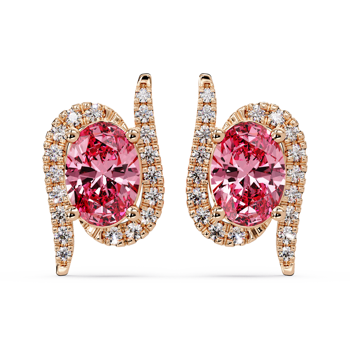 1.6 CTW Curved Oval Colorstone Halo Stud Earrings Tourmaline Pink Rose gold