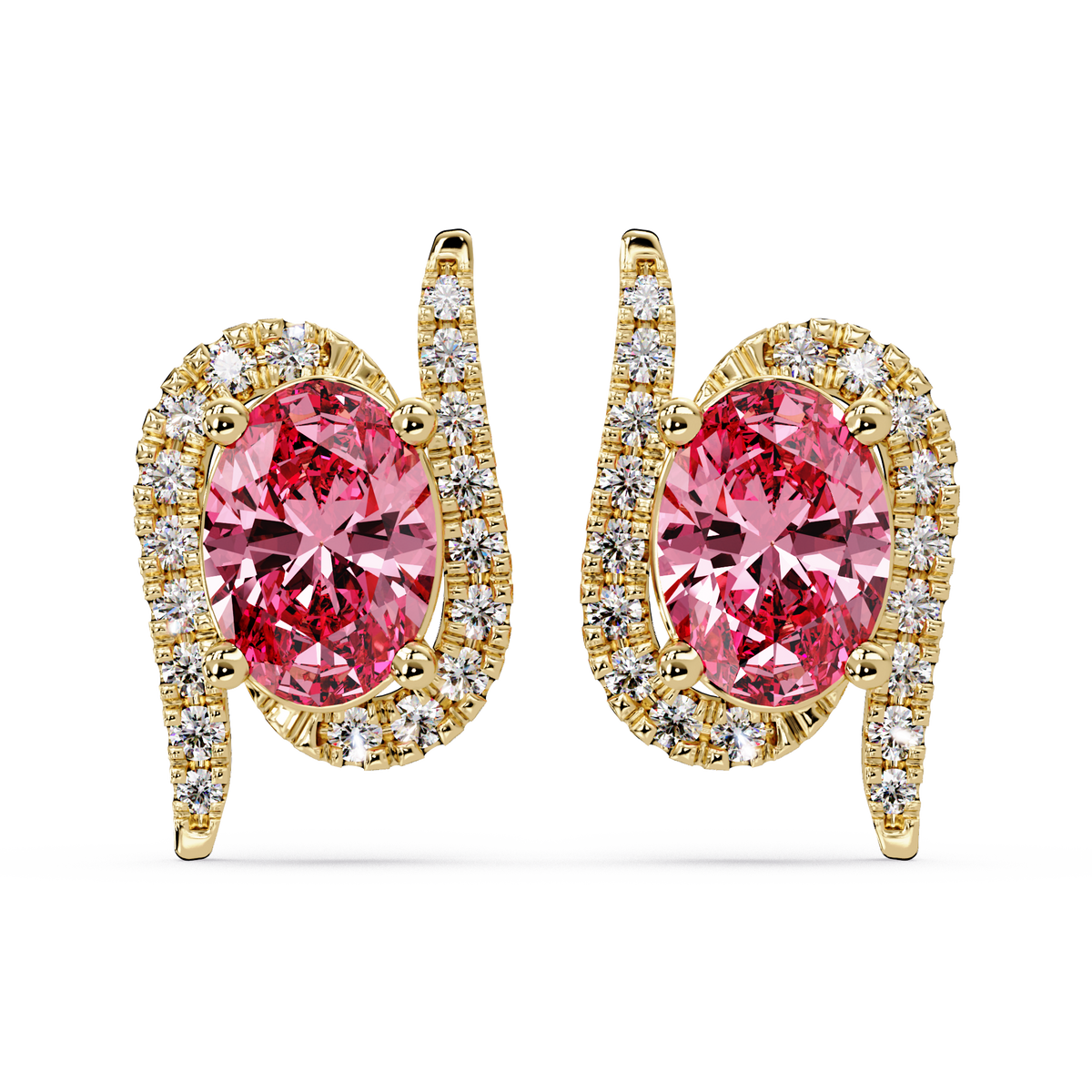1.6 CTW Curved Oval Colorstone Halo Stud Earrings Tourmaline Pink Gold
